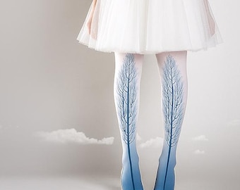 Tattoo Tights -  Tree one size blue and white full length printed tights, pantyhose, nylons by tattoosocks