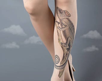 Tattoo Tights, Chameleon Tights nude Closed Toe one size full length printed tights, pantyhose, nylons, tattoo socks,  Plus Size option