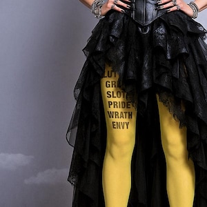 Tattoo Tights, 7 deadly sins yellow one size full length closed toe printed tights pantyhose, tattoosocks, industrial, gift, costume, goth