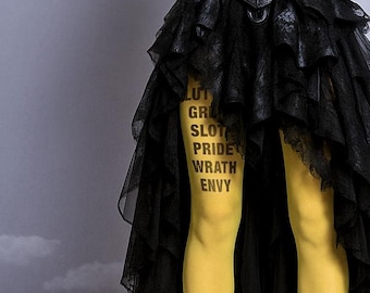 Tattoo Tights, 7 deadly sins yellow one size full length closed toe printed tights pantyhose, tattoosocks, industrial, gift, costume, goth