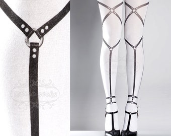 Harness Tattoo Tights black&white, printed tights, caged pantyhose, bondage, dominatrix, slave tattoo socks