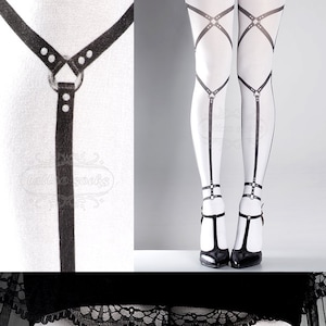 Medias con arnés tatuadas en blanco y negro, medias estampadas, pantimedias enjauladas, bondage, dominatrix, calcetines con tatuajes de esclavas