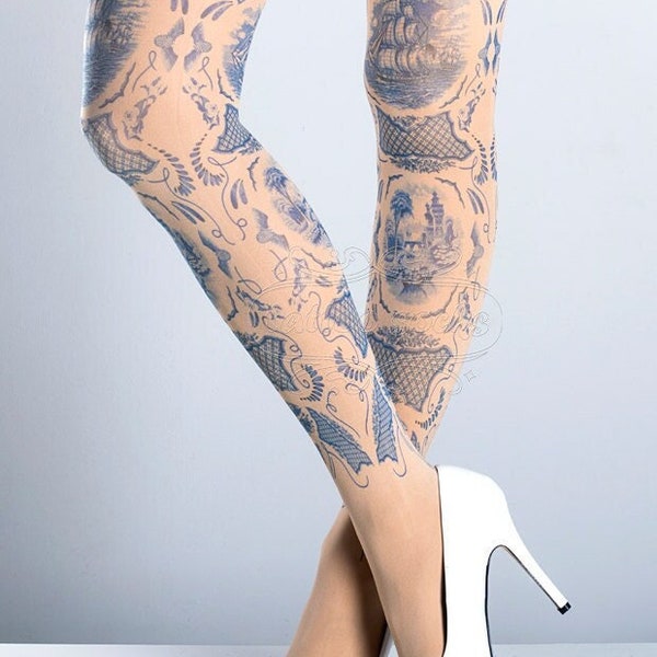 Tattoo Tights -  China Doll one size nude full length printed tights, pantyhose, nylons by tattoosocks, Plus Size option