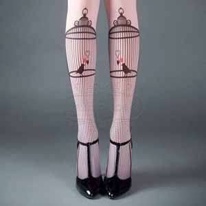 Collant con tatuaggio - Bird Cage Light Pink taglia unica, collant con punta chiusa e stampa a tutta lunghezza, calzini con tatuaggio, uccello, cuore, amore, romanticismo