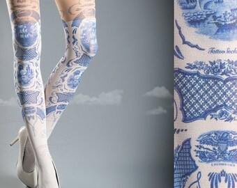White and Nude China Doll closed toe OS full length thigh highs illusion printed tights, pantyhose, nylons, tattoo socks, tattoo tights
