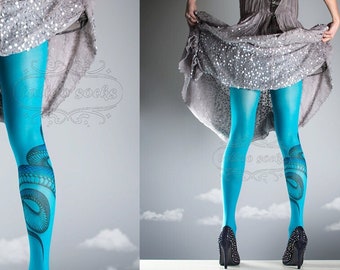 NEW cyan one size Snake full length printed tights closed toe pantyhose tattoo tights by tattoo socks