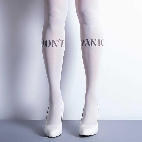 Tattoo Tights - Don't Panic White one size full length printed closed toe tights, pantyhose, tattoo socks