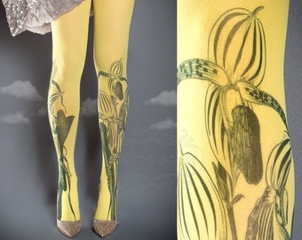 Tattoo Tights - Floral Yellow one size full length printed closed toe tights pantyhose, tattoo socks