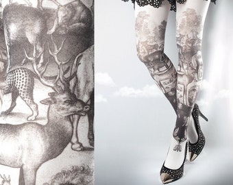 Tattoo Tights, Noah's Ark black and white Closed Toe one size full length printed tights, pantyhose, nylons, tattoo socks