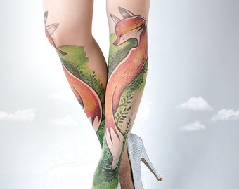 Tattoo Tights, Fox Tights nude Closed Toe one size full length printed tights, pantyhose, nylons, tattoo socks, Plus Size option