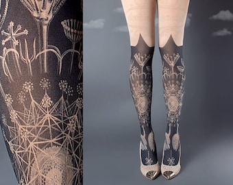 Tattoo Tights, Marine Life Tights nude Closed Toe one size full length printed tights, pantyhose, nylons, tattoo socks,  Plus Size option