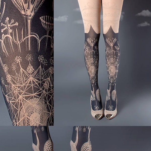 Tattoo Tights, Marine Life Tights nude Closed Toe one size full length printed tights, pantyhose, nylons, tattoo socks,  Plus Size option