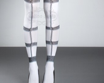 Tattoo Tights -  white Bondage one size full length printed tights closed toe pantyhose , BDSM goth nylons by tattoosocks, shibari, gothic