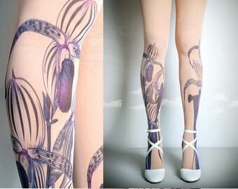 Tattoo Tights -  Floral nude one size full length closed toe pantyhose tattoo socks ,printed tights, Plus Size option