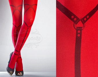 Harness Tattoo Tights red, printed tights, caged pantyhose, bondage, dominatrix, slave tattoo socks