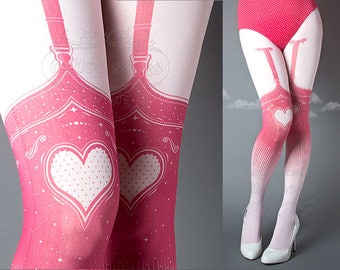 Tattoo Tights, Burlesque Heart garters print light pink thigh highs illusion one size full length printed tights pantyhose, by tattoo socks