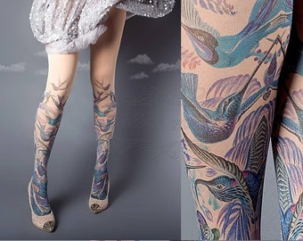 Exotic Birds Closed Toe nude color one size full length printed tights, pantyhose, nylons, tattoo socks, tattoo tights, Plus Size option