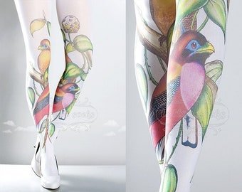 May include: White tights featuring a colourful bird and floral design. The tights are modelled on a person wearing white high heels.