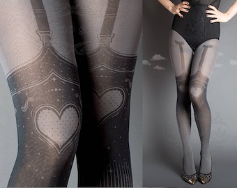 Tattoo Tights, Burlesque Heart garters print Asphalt thigh highs illusion one size full length printed tights pantyhose, by tattoo socks