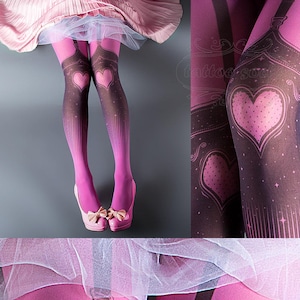 Tattoo Tights, Burlesque Heart magenta pink garters illusion one size full length printed tights pantyhose, by tattoo socks