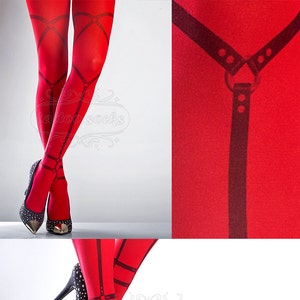 Harness Tattoo Tights red, printed tights, caged pantyhose, bondage, dominatrix, slave tattoo socks image 1