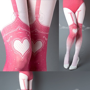 Tattoo Tights, Burlesque Heart garters print light pink thigh highs illusion one size full length printed tights pantyhose, by tattoo socks