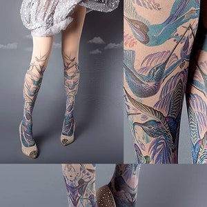 Exotic Birds Closed Toe nude color one size full length printed tights, pantyhose, nylons, tattoo socks, tattoo tights, Plus Size option image 1