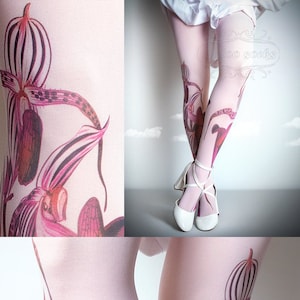 Tattoo Tights - Floral Light Pink one size full length printed closed toe tights pantyhose, tattoo socks, pattern tights, wedding, bride