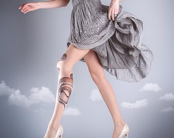 Tattoo Tights -  Snake nude color one size full length printed tights closed toe pantyhose tattoo socks ,printed tights, Plus Size option