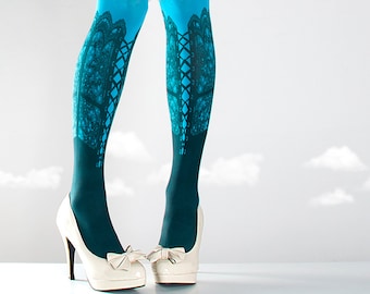 NEW cyan one size lace up full length printed tights closed toe corset design pantyhose tattoo tights by tattoo socks