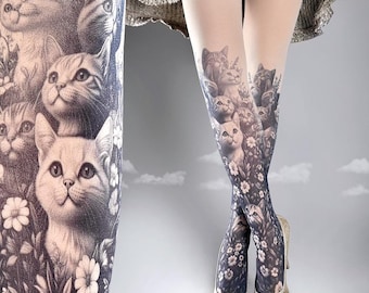 Cute cats with flowers nude, printed tights, cute pantyhose, Cat tattoo socks,  Plus Size option, kittens, pattern tights, floral, bride