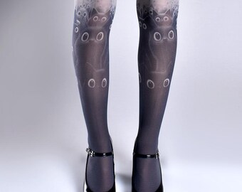 Black cats, gray one size full length printed closed toe tights, pantyhose, tattoo socks, stockings, tattoo tights, cute gift for her, cat