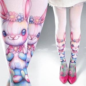 Fantastic floral Bunnies, white one size full length printed closed toe tights pantyhose, tattoo socks, alice in wonderland, Tattoo Tights image 1