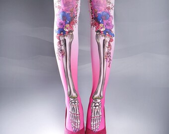 light pink one size Day of the Dead full length printed tights closed toe pantyhose tattoo tights by tattoo socks