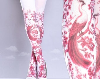 Tattoo Tights -  Porcelain Peacock one size pinkish red and white full length printed tights, pantyhose, nylons by tattoosocks