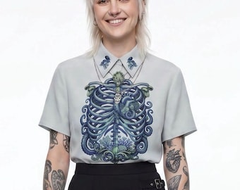 One-of-a-Kind Upcycled Goth Punk Shirt, Anatomical Octopus Ribcage Print, Unique Alternative Clothing, Sustainable Repurposed Fashion M-L