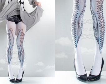 Tattoo Tights, white one size Elizabeth corset drawing print full length closed toe printed tights pantyhose, tattoo socks