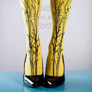 Tattoo Tights yellow one size Forest Symphony full length closed toe printed tights pantyhose, tattoo socks, printed nylons image 3