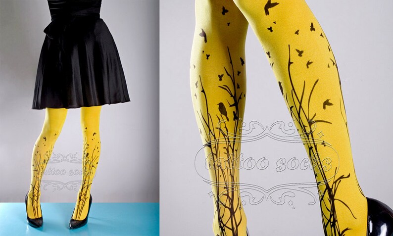 Tattoo Tights yellow one size Forest Symphony full length closed toe printed tights pantyhose, tattoo socks, printed nylons image 5