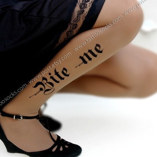 sexy HALLOWEEN BITE ME tattoo thigh-high stockings cafe latte