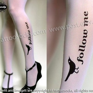 s/m sexy, funny and flirty FOLLOW ME twitter tattoo tights / stockings / full length / pantyhose / nylons WHITE image 4