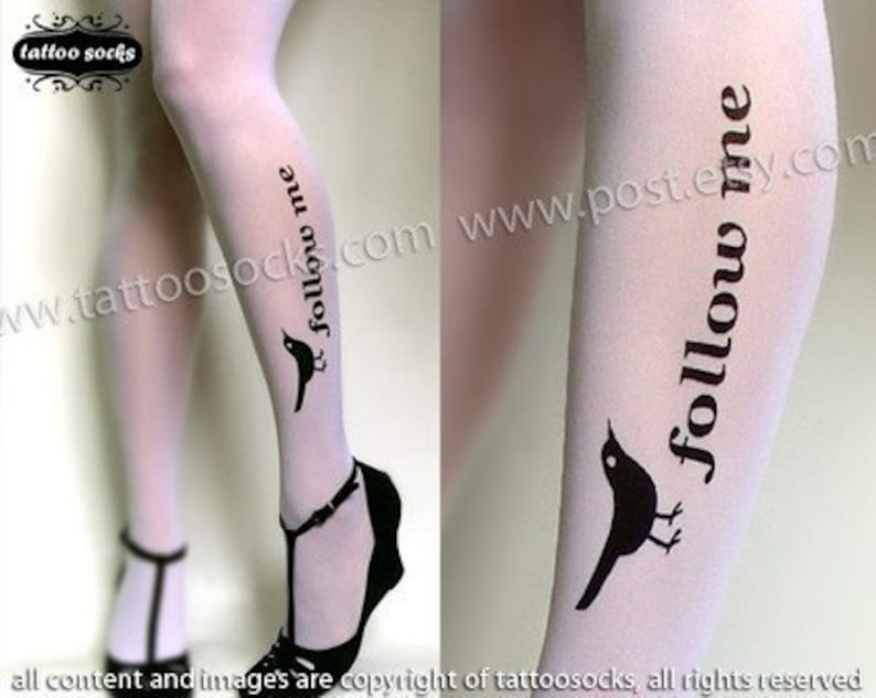 s/m sexy, funny and flirty FOLLOW ME twitter tattoo tights / stockings / full length / pantyhose / nylons WHITE image 4