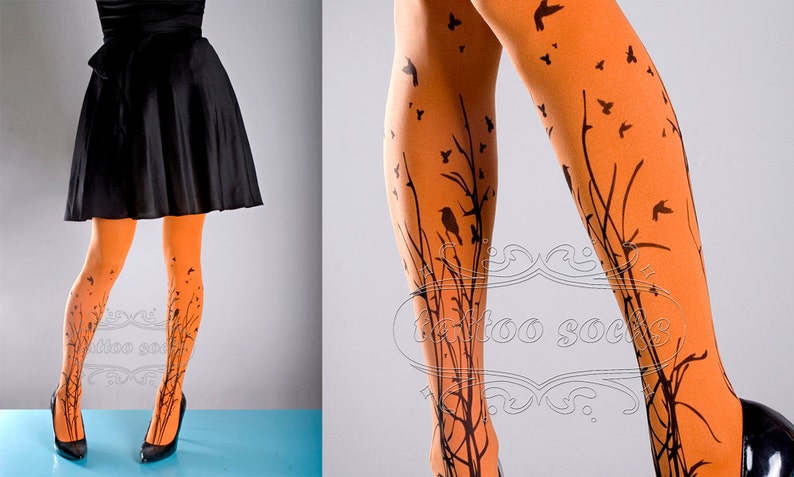 Tattoo Tights orange one size Forest Symphony full length closed toe printed tights pantyhose, tattoo socks, printed nylons image 3