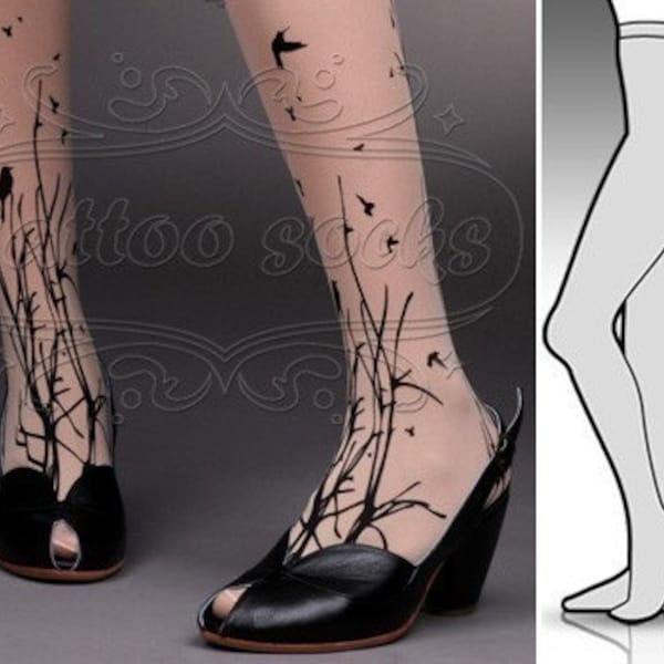 Small/ Medium  fabulous FOREST SYMPHONY tattoo stockings / full length / pantyhose / nylons Light Mocha