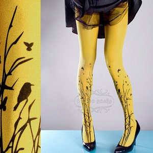 Tattoo Tights yellow one size Forest Symphony full length closed toe printed tights pantyhose, tattoo socks, printed nylons image 1