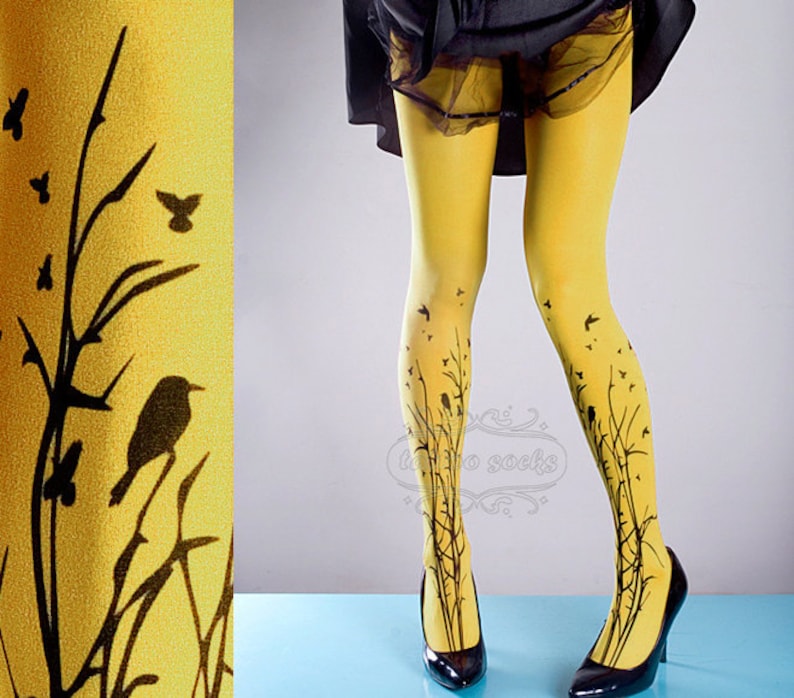 Tattoo Tights yellow one size Forest Symphony full length closed toe printed tights pantyhose, tattoo socks, printed nylons image 1