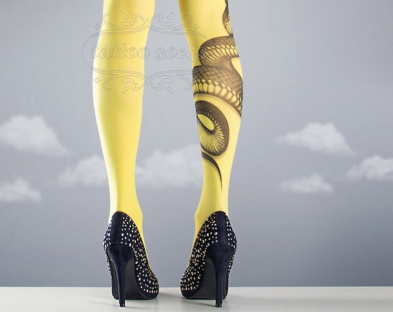 Yellow Snake Closed Toe One Size Full Length Printed Tights