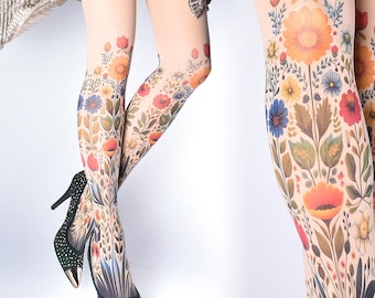 Tattoo Tights - Garden of Eve floral nude full length closed toe ,pattern pantyhose, folk art, printed tights, pantyhose, Plus Size option