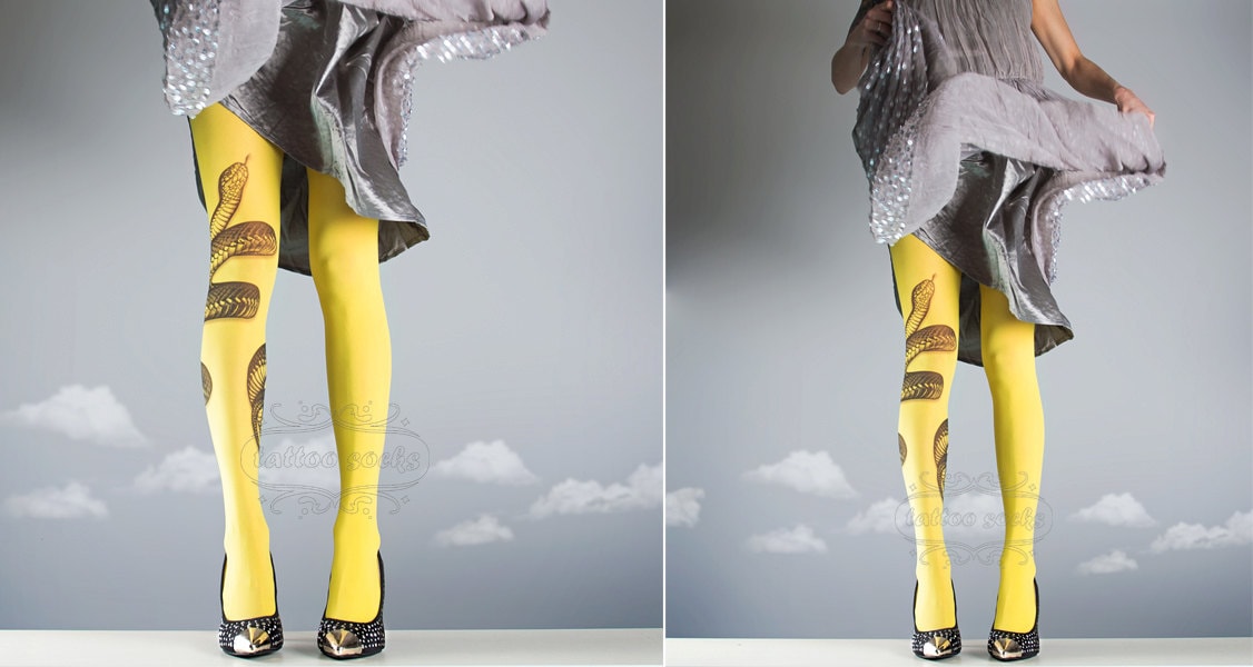 Yellow Snake Closed Toe One Size Full Length Printed Tights Pantyhose  Tattoo Socks Tattoo Tights -  New Zealand
