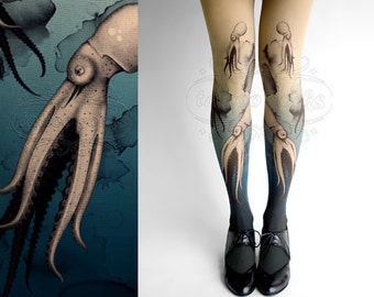 Closed Toe nude color one size Octopuses full length printed tights pantyhose, Plus Size option